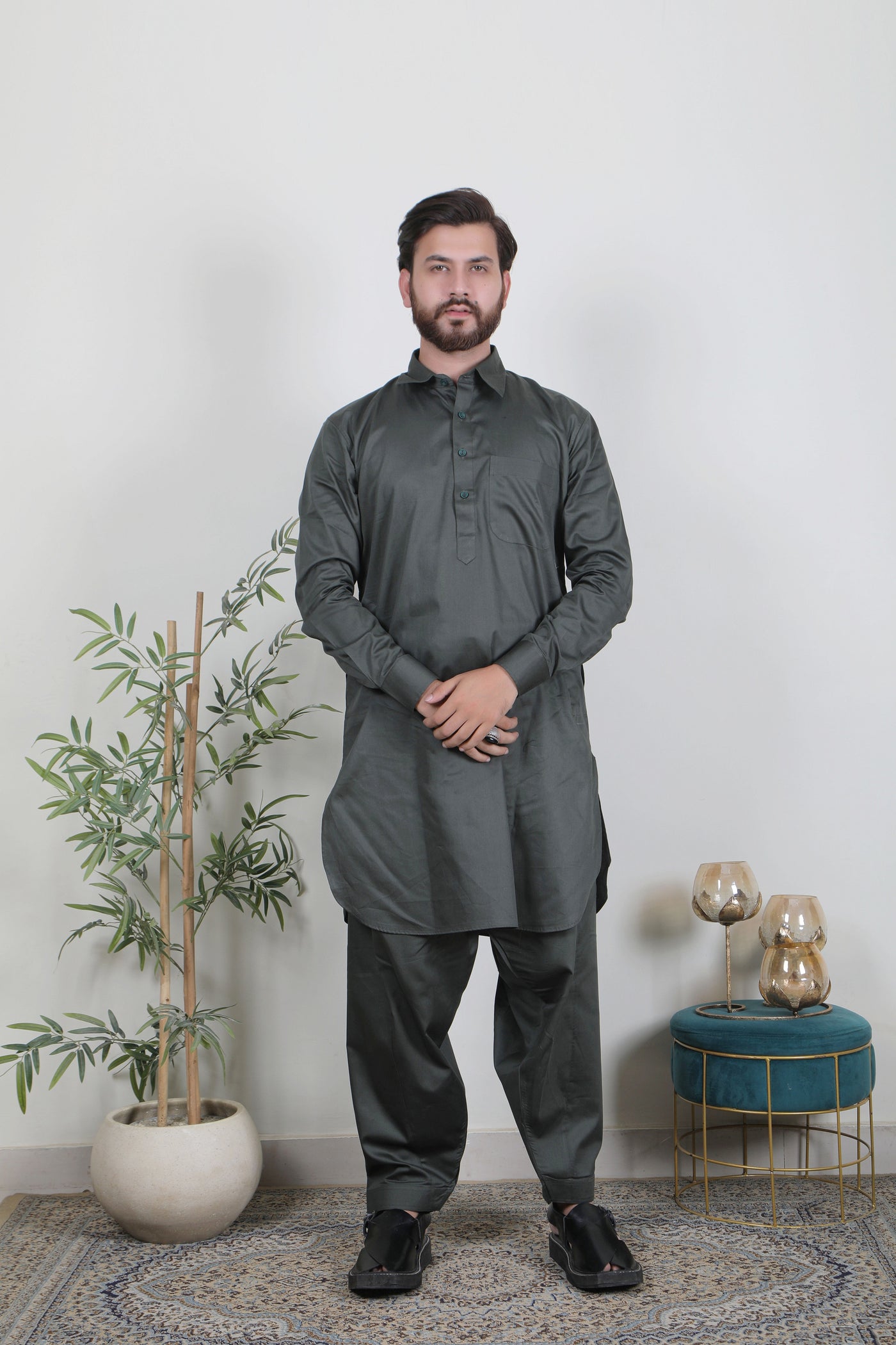 Almas Lifestyle Lucknowi Mens Pathani Suits | Dark Green - Almas Lifestyle