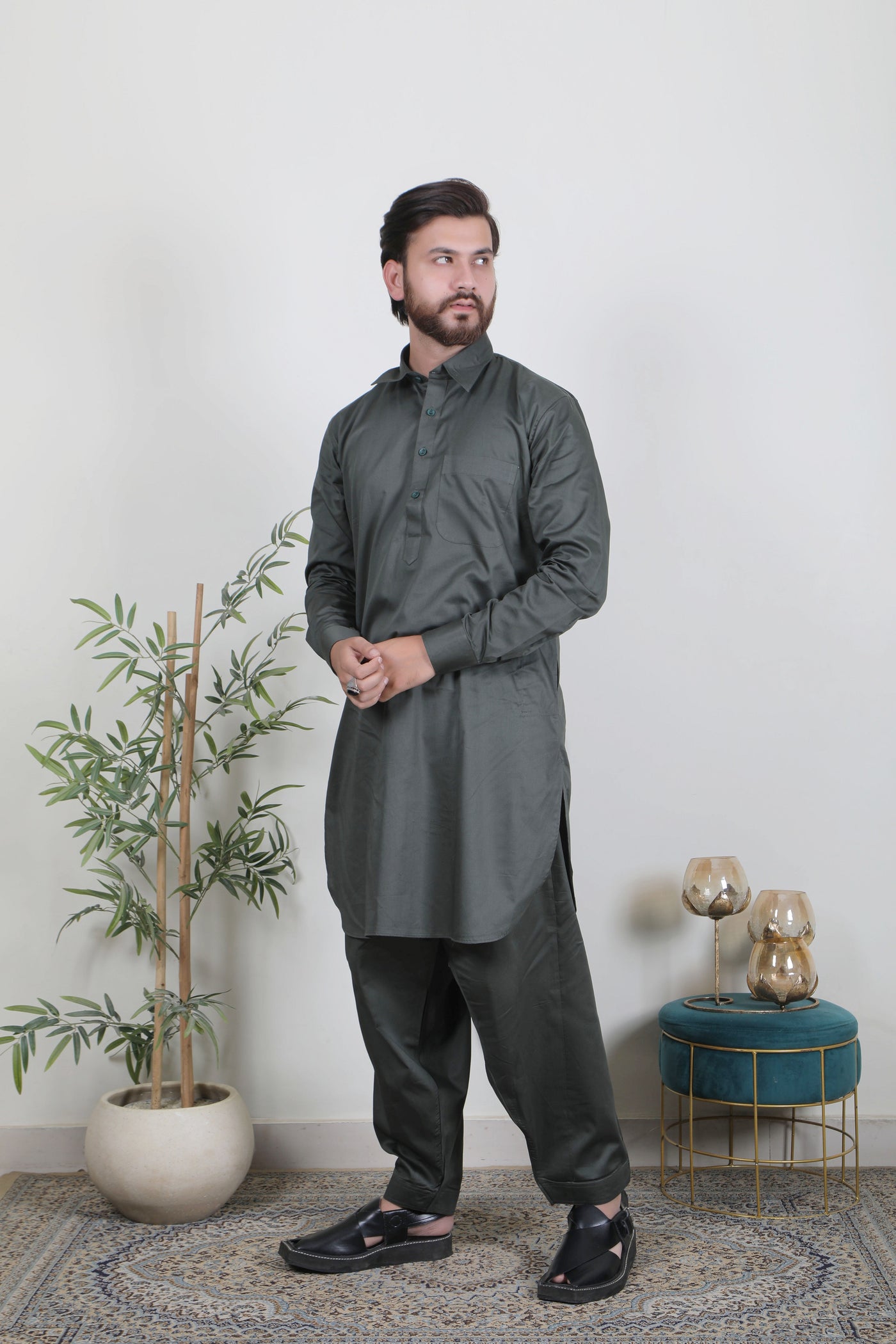 Almas Lifestyle Lucknowi Mens Pathani Suits | Dark Green - Almas Lifestyle