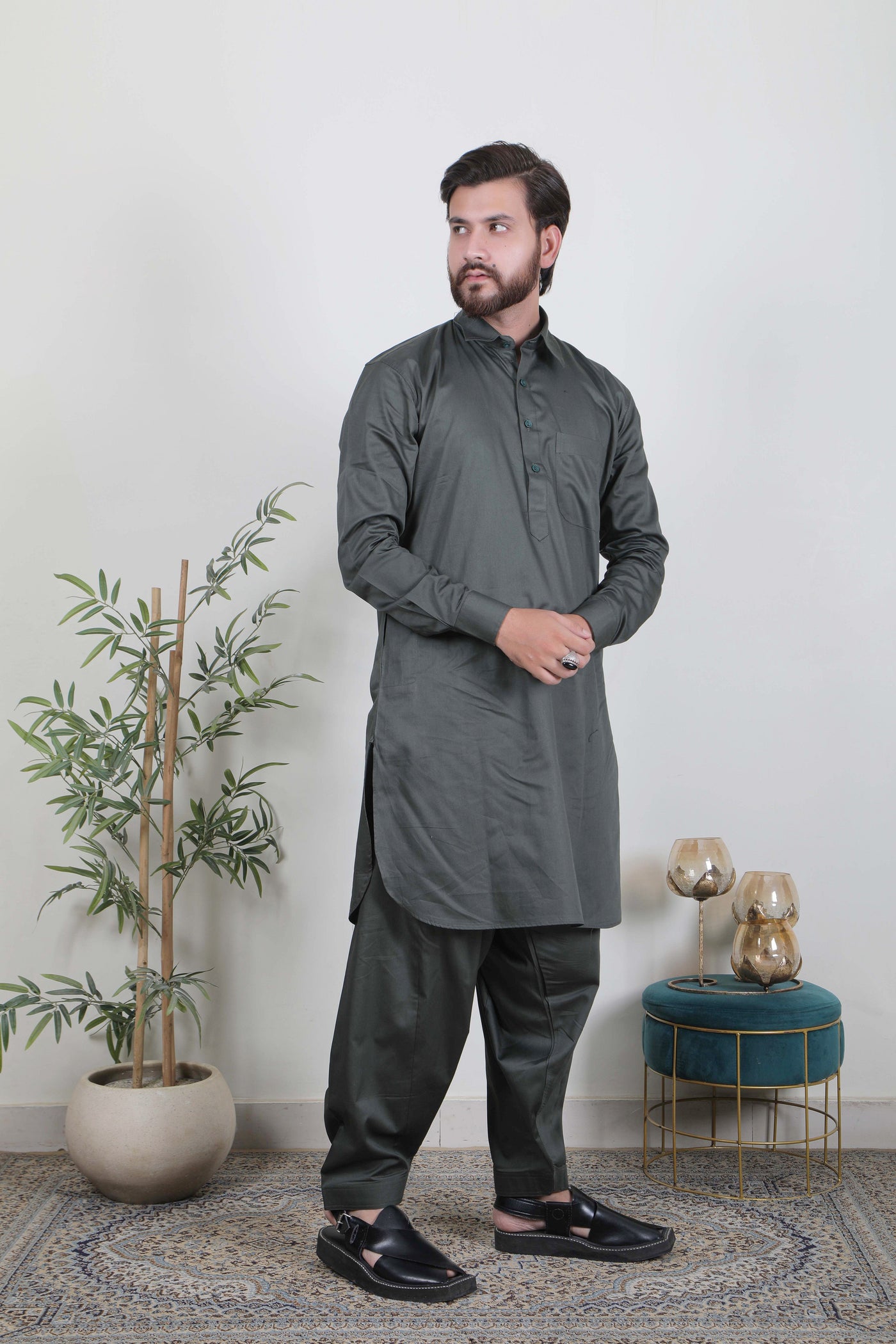 Almas Lifestyle Lucknowi Mens Pathani Suits | Dark Green - Almas Lifestyle