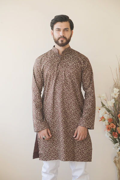 SHAHI KURTA: BROWN (PRINTED) - Almas Lifestyle