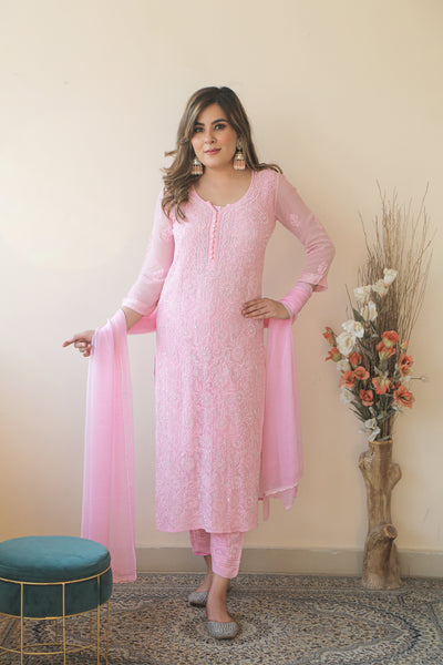 Almas Lifestyle Lucknowi Chikankari Viscose Kurti & Pant Set With Inner & Dupatta - Almas Lifestyle