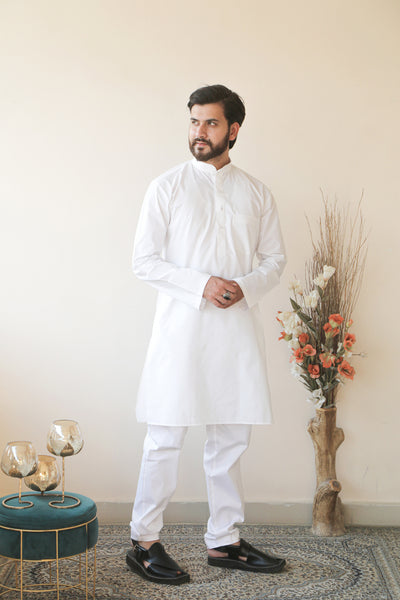 Almas Lifestyle Lucknowi Kurta Pajama Set | White - Almas Lifestyle