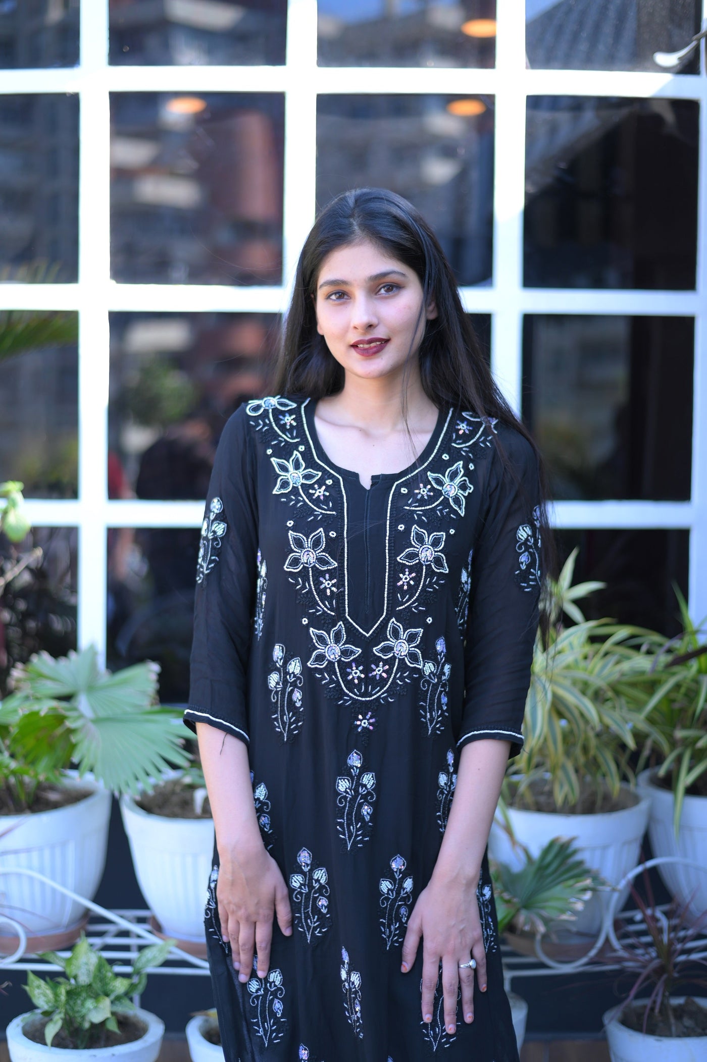 Chikankari Embroidery Georgette Kurti | Black - Almas Lifestyle