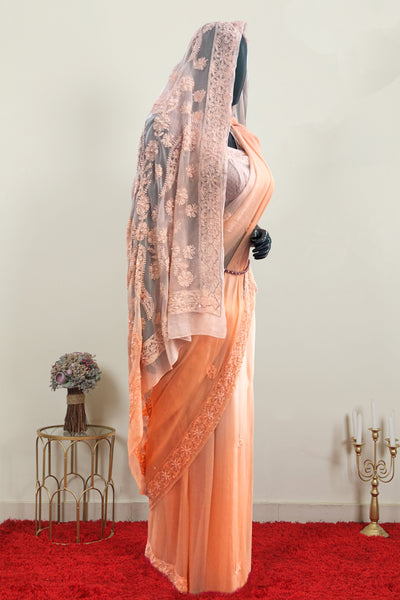 Pure Organza Chikankari Saree | Peach