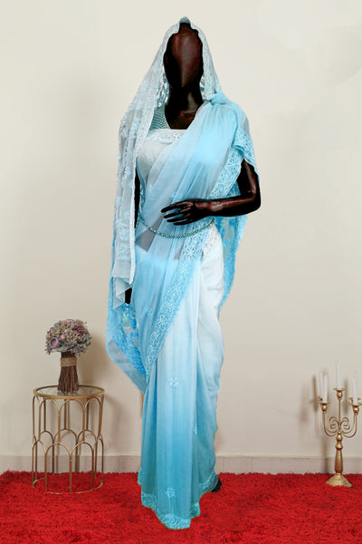 Pure Organza Chikankari Saree | Blue