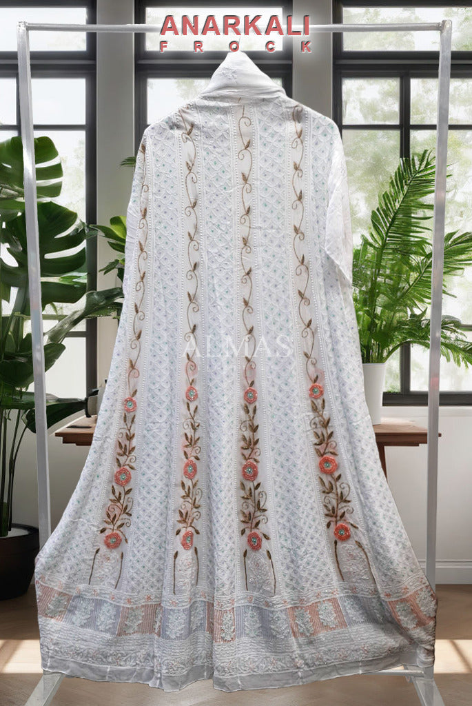 Yildiz Lucknowi Chikankari Anarkali Frock & Dupatta with Beautiful Cut-Dana, Pearl and Zari work