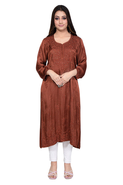 Almas Lifestyle Lucknowi Chikankari Brown Modal Straight Fit Kurti - Almas Lifestyle