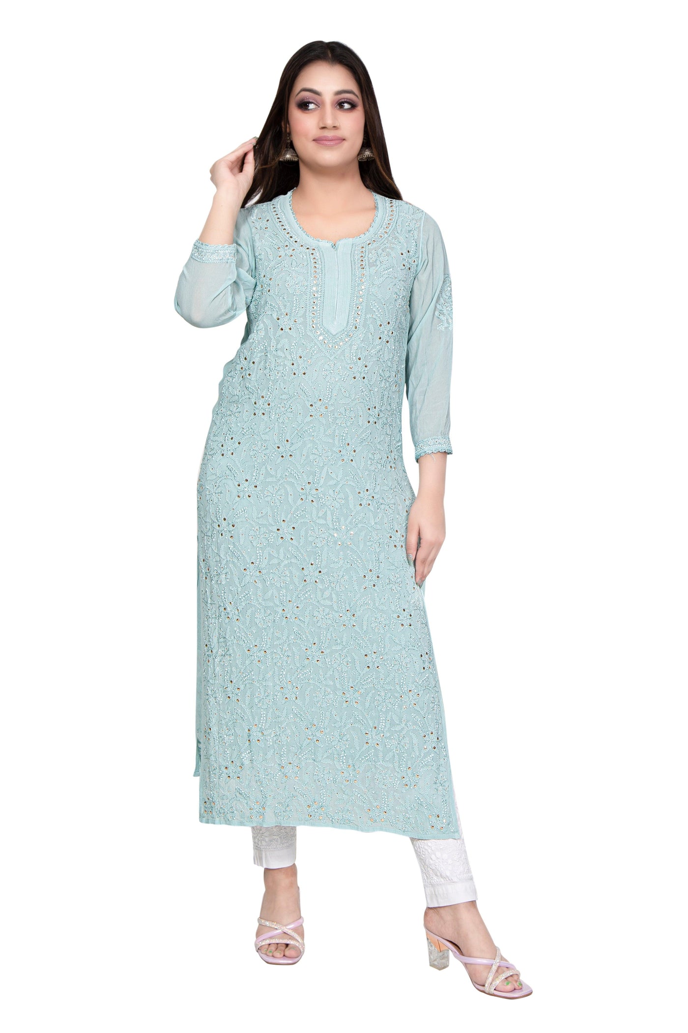 Almas Lifestyle Lucknowi Chikankari Sea Green Viscose Mukaish Work Straight Kurti - Almas Lifestyle