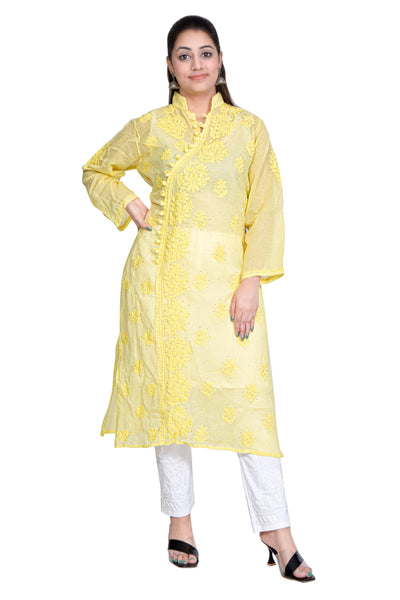 Almas Lifestyle Lucknowi Chikankari Kota Angrakha Kurti | Yellow - Almas Lifestyle