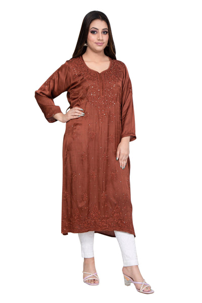 Almas Lifestyle Lucknowi Chikankari Brown Modal Straight Fit Kurti - Almas Lifestyle