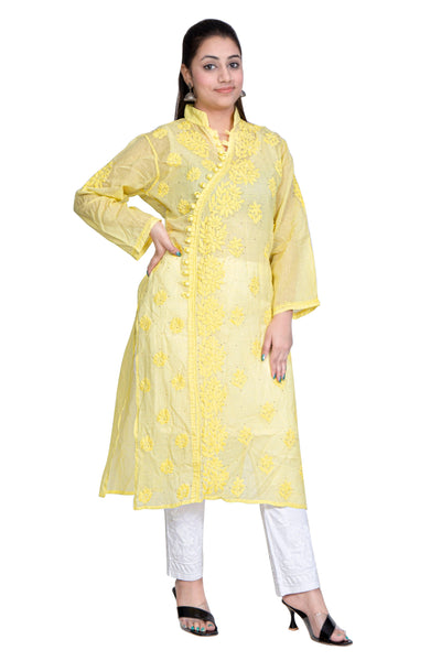 Almas Lifestyle Lucknowi Chikankari Kota Angrakha Kurti | Yellow - Almas Lifestyle