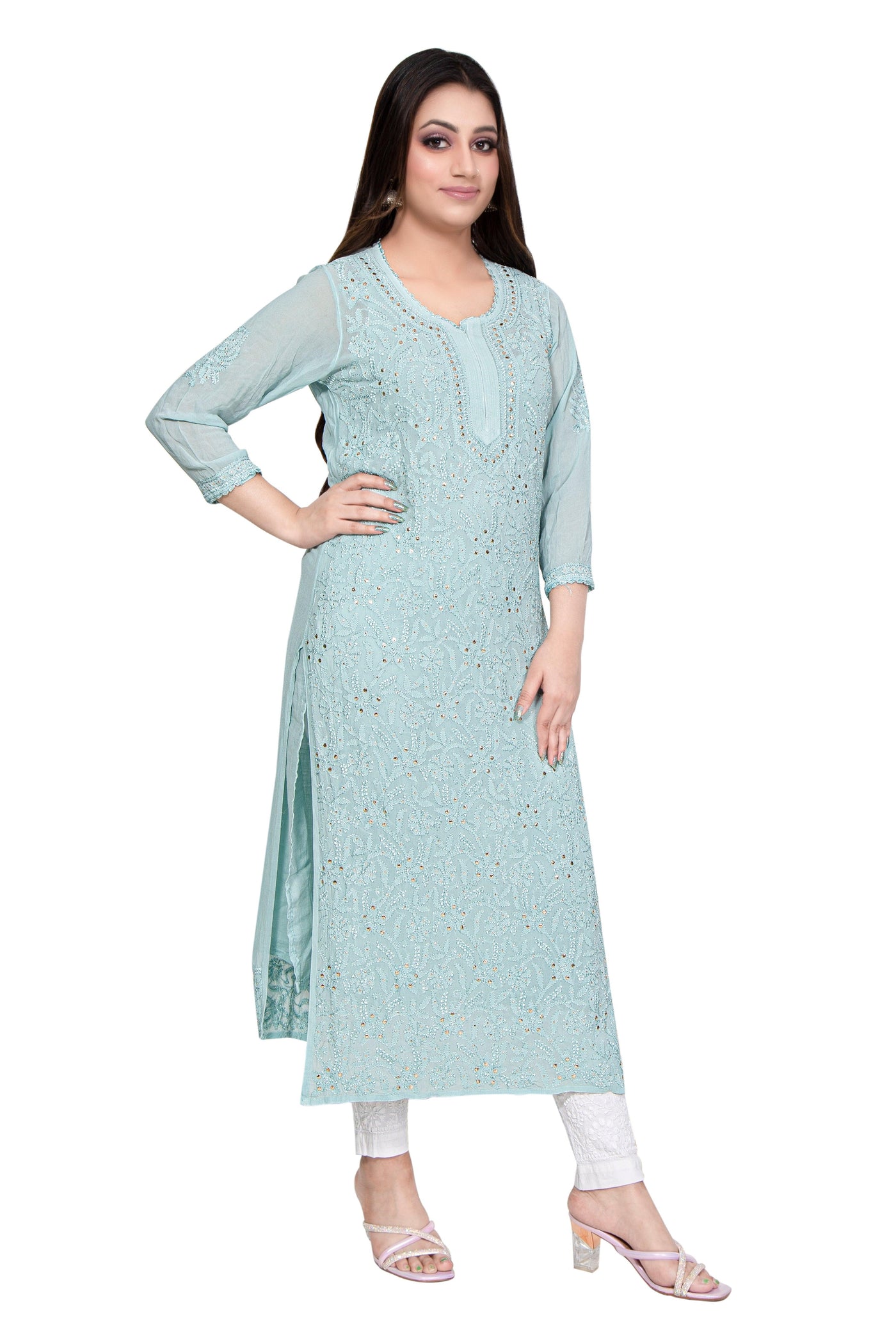 Almas Lifestyle Lucknowi Chikankari Sea Green Viscose Mukaish Work Straight Kurti - Almas Lifestyle