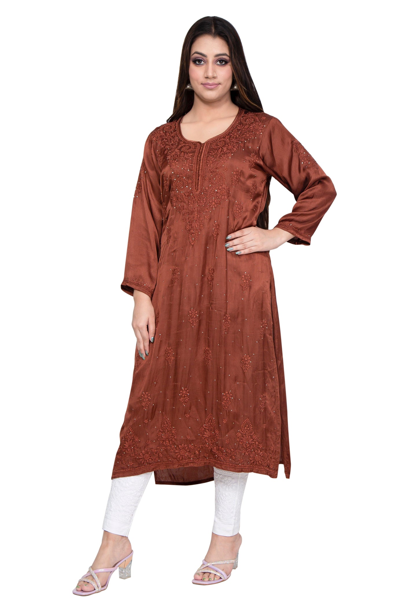 Almas Lifestyle Lucknowi Chikankari Brown Modal Straight Fit Kurti - Almas Lifestyle