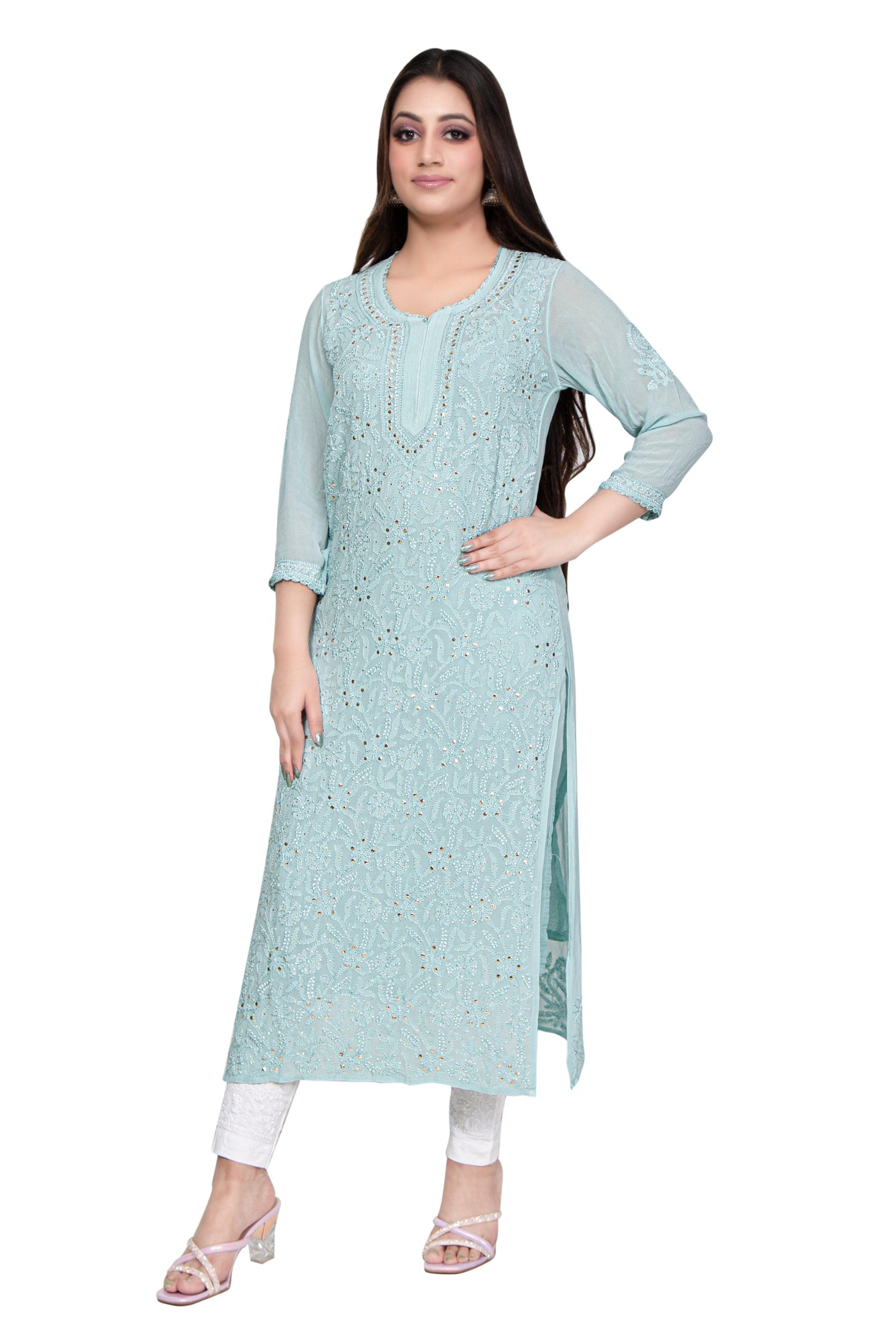 Almas Lifestyle Lucknowi Chikankari Sea Green Viscose Mukaish Work Straight Kurti - Almas Lifestyle