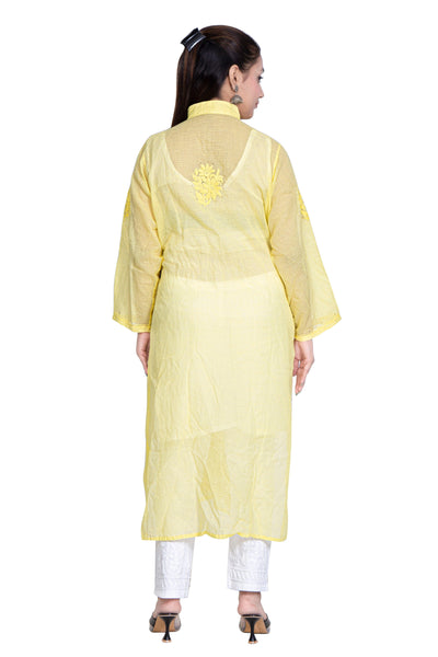 Almas Lifestyle Lucknowi Chikankari Kota Angrakha Kurti | Yellow - Almas Lifestyle