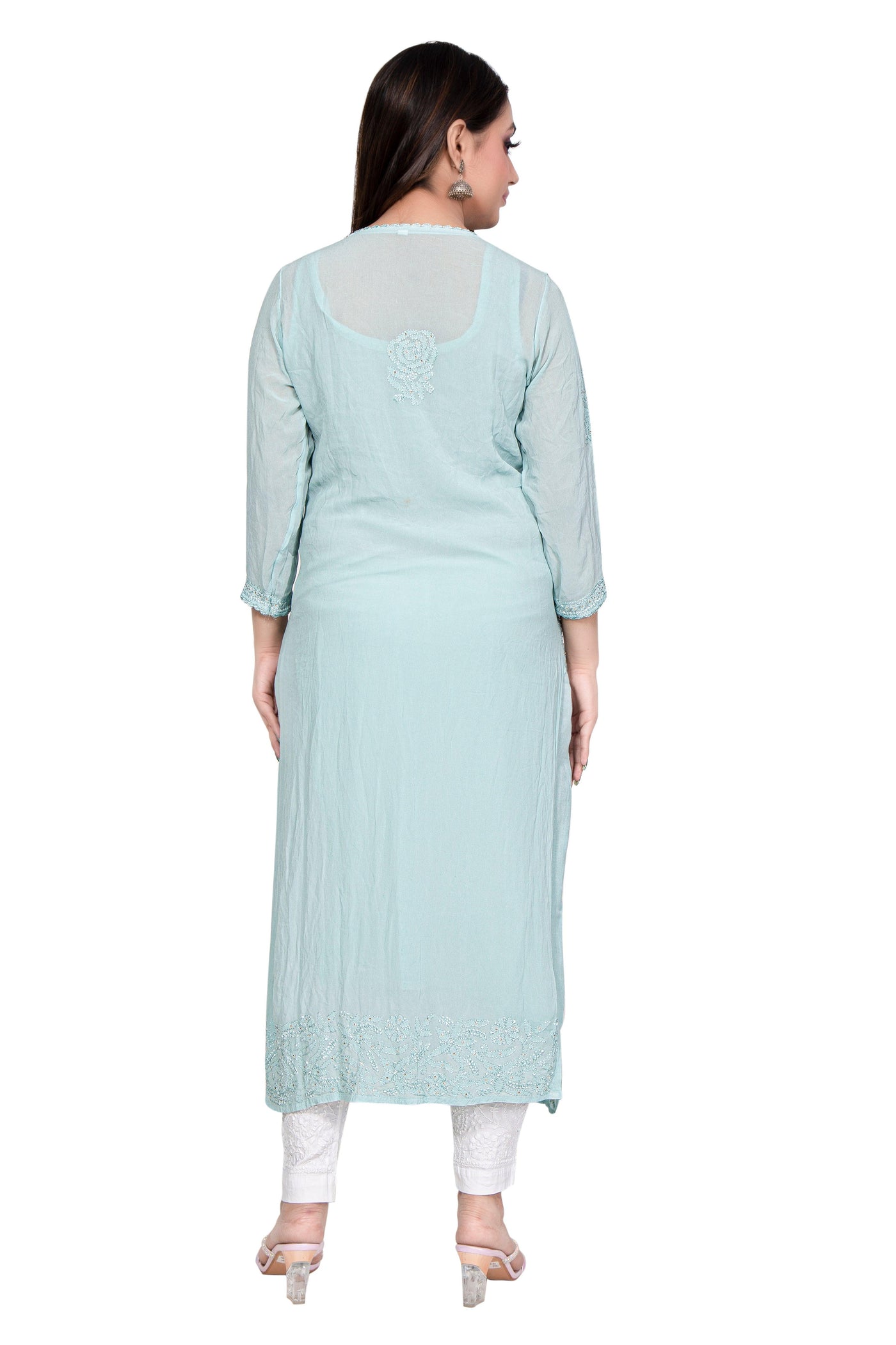 Almas Lifestyle Lucknowi Chikankari Sea Green Viscose Mukaish Work Straight Kurti - Almas Lifestyle