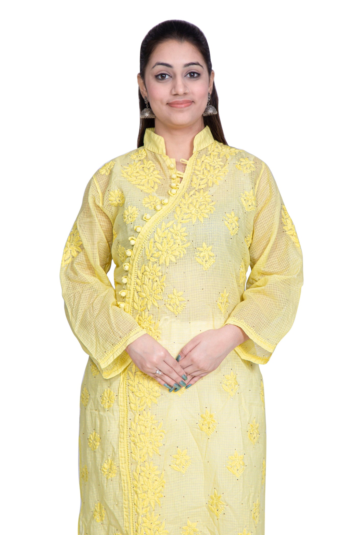 Almas Lifestyle Lucknowi Chikankari Kota Angrakha Kurti | Yellow - Almas Lifestyle