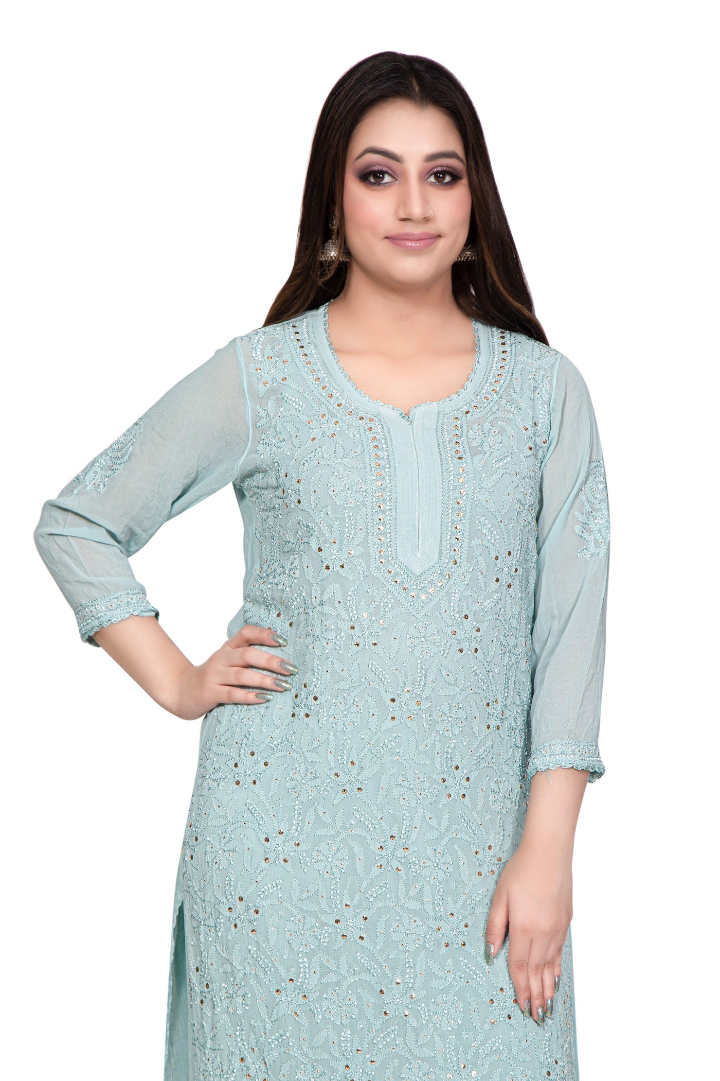 Almas Lifestyle Lucknowi Chikankari Sea Green Viscose Mukaish Work Straight Kurti - Almas Lifestyle