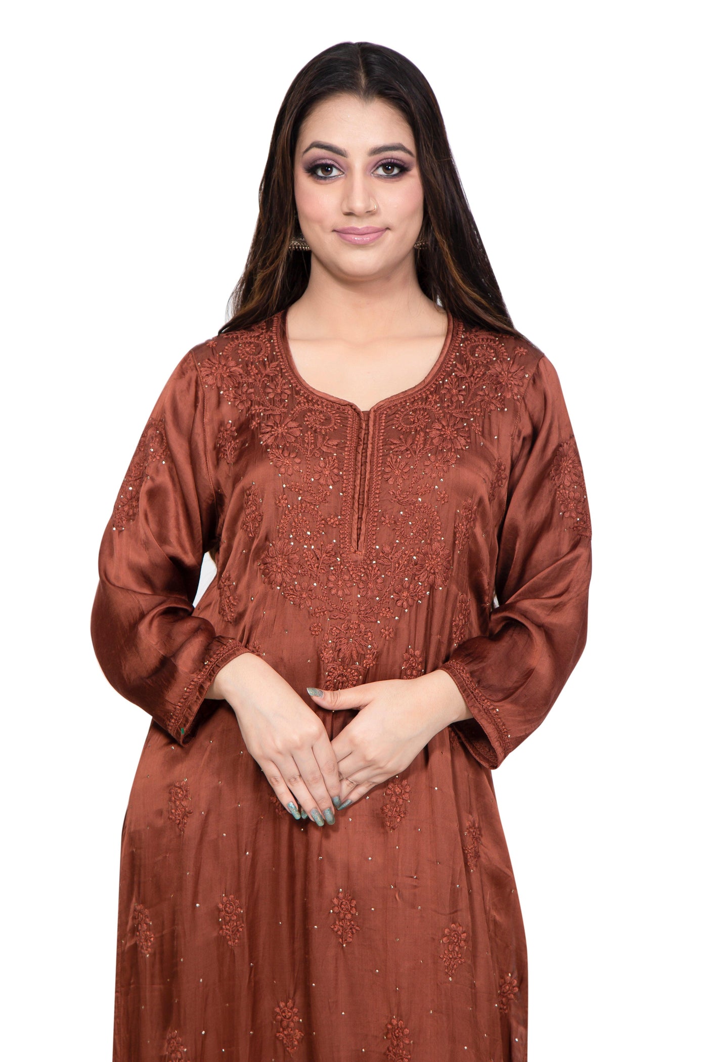 Almas Lifestyle Lucknowi Chikankari Brown Modal Straight Fit Kurti - Almas Lifestyle