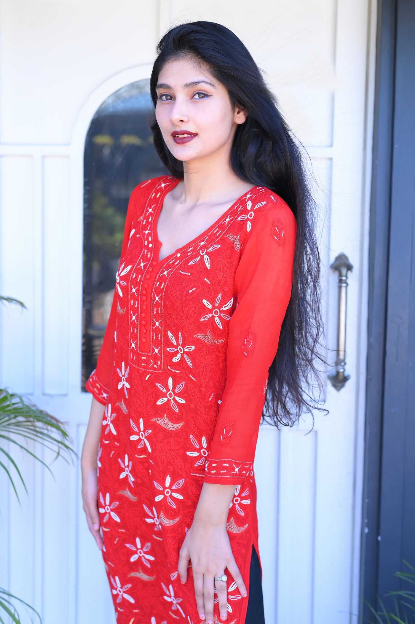 Chikankari Embroidery Viscose Kurti | Red - Almas Lifestyle