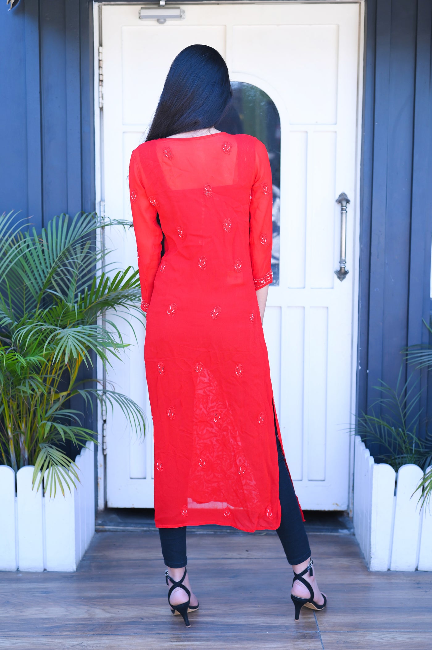 Chikankari Embroidery Viscose Kurti | Red - Almas Lifestyle