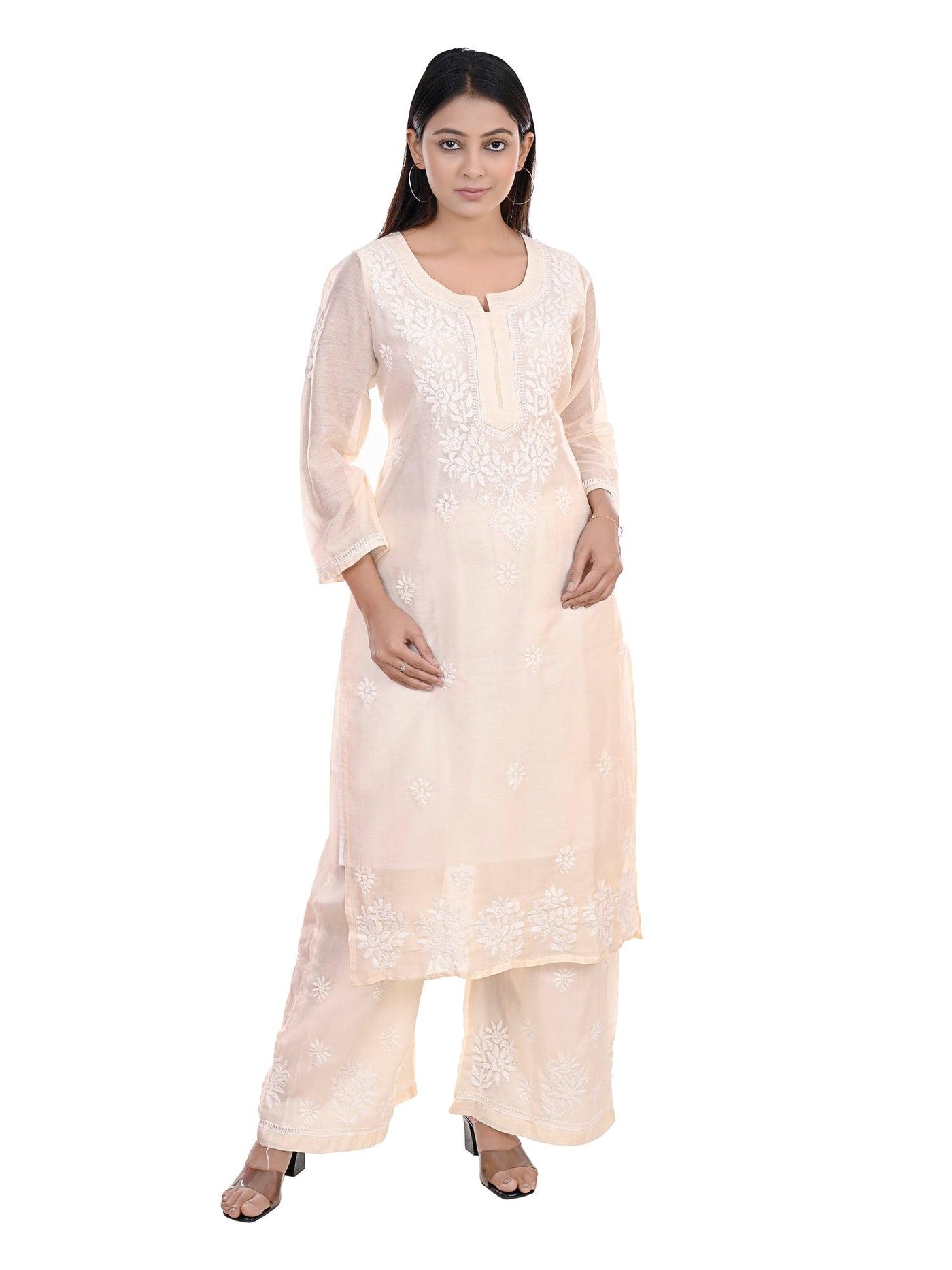 Almas Lifestyle Lucknowi Chikankari Chanderi Kurti Plazo Set | Cream - Almas Lifestyle