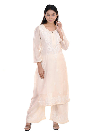 Almas Lifestyle Lucknowi Chikankari Chanderi Kurti Plazo Set | Cream - Almas Lifestyle