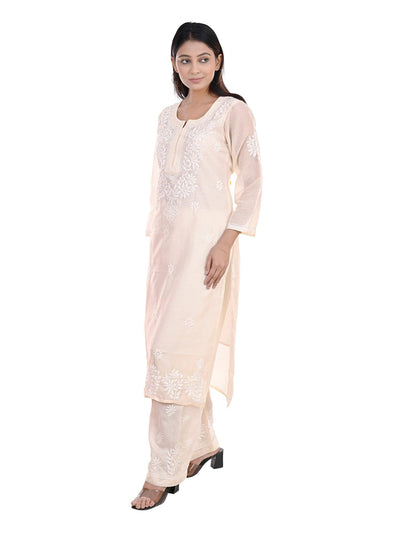 Almas Lifestyle Lucknowi Chikankari Chanderi Kurti Plazo Set | Cream - Almas Lifestyle