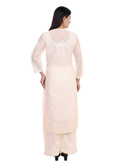 Almas Lifestyle Lucknowi Chikankari Chanderi Kurti Plazo Set | Cream - Almas Lifestyle