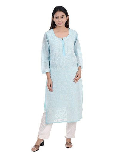 Almas Lifestyle Lucknowi Chikankari Kota Kurti | Light Blue - Almas Lifestyle