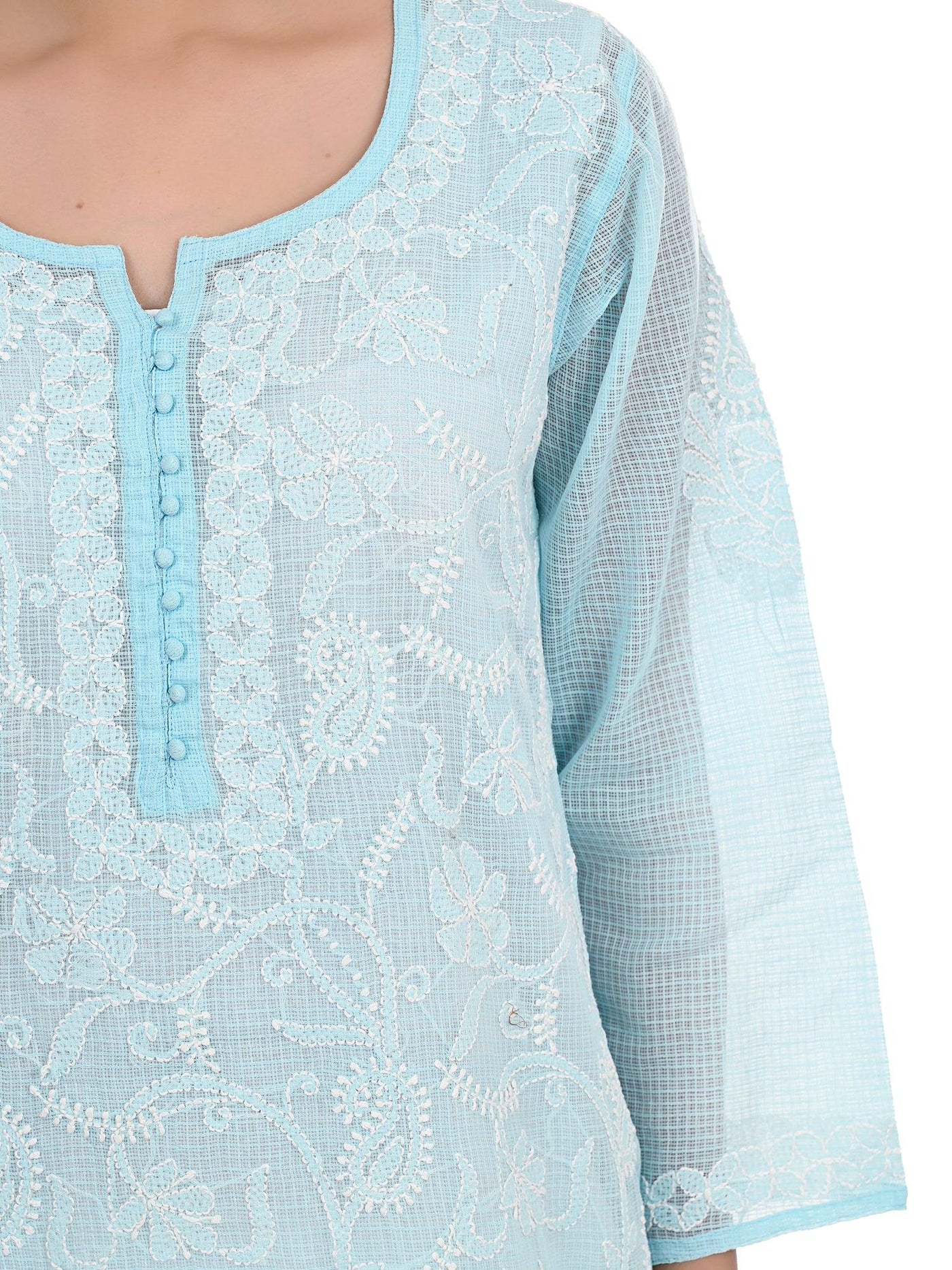 Almas Lifestyle Lucknowi Chikankari Kota Kurti | Light Blue - Almas Lifestyle