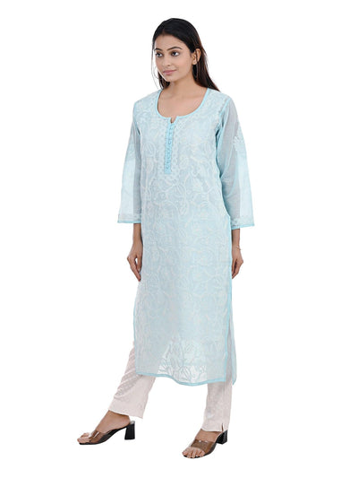 Almas Lifestyle Lucknowi Chikankari Kota Kurti | Light Blue - Almas Lifestyle