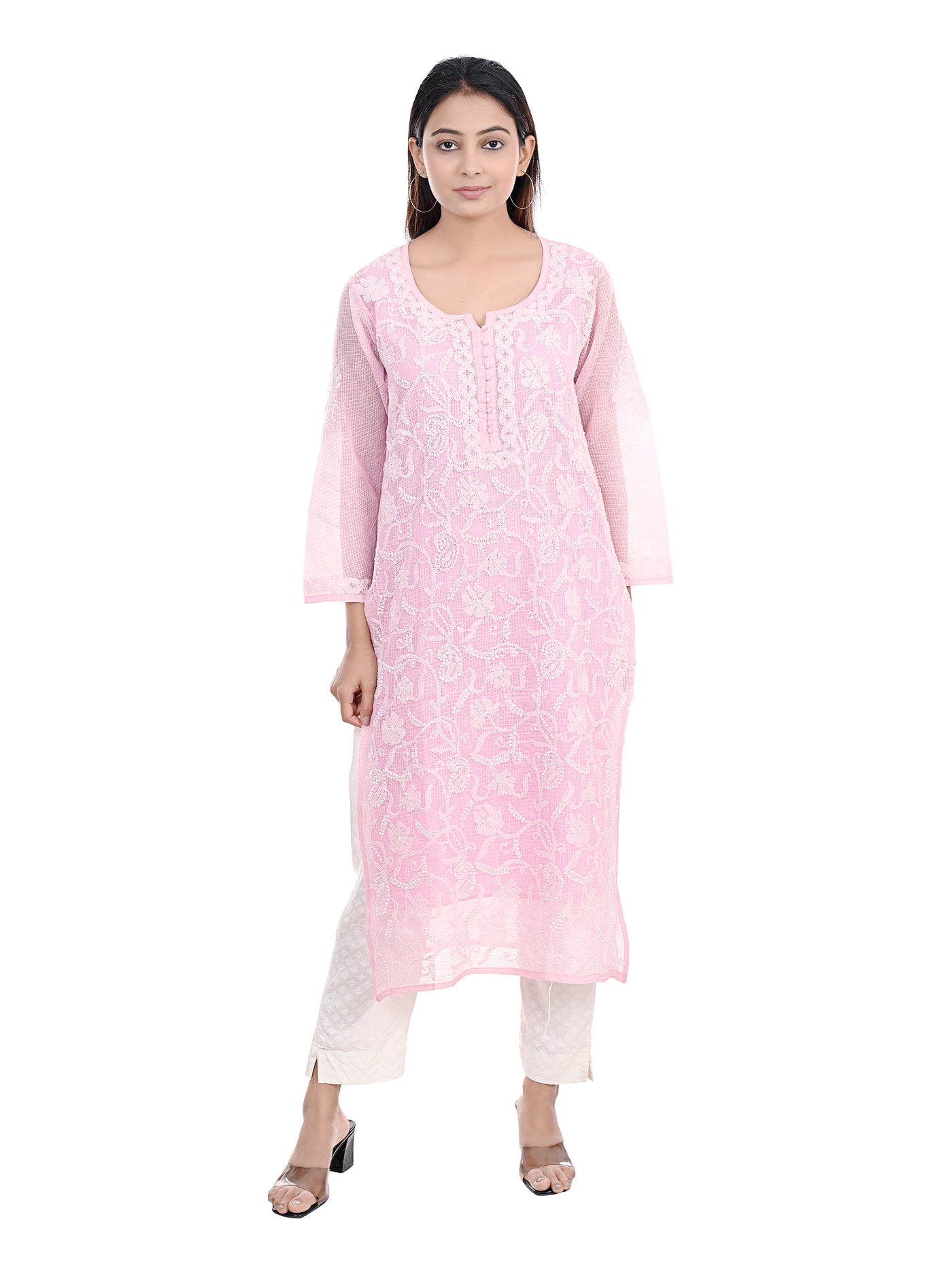 Almas Lifestyle Lucknowi Chikankari Kota Straight Kurti | Pink - Almas Lifestyle