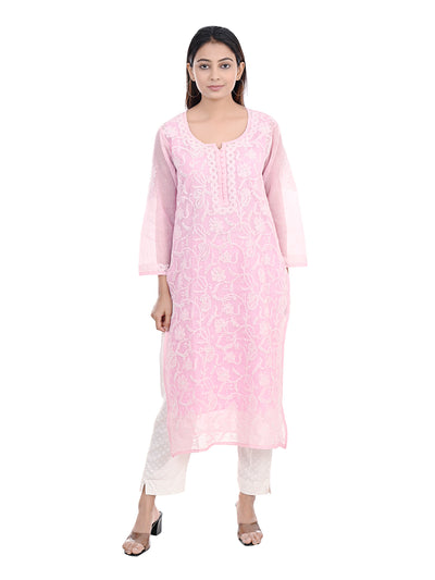 Almas Lifestyle Lucknowi Chikankari Kota Straight Kurti | Pink - Almas Lifestyle