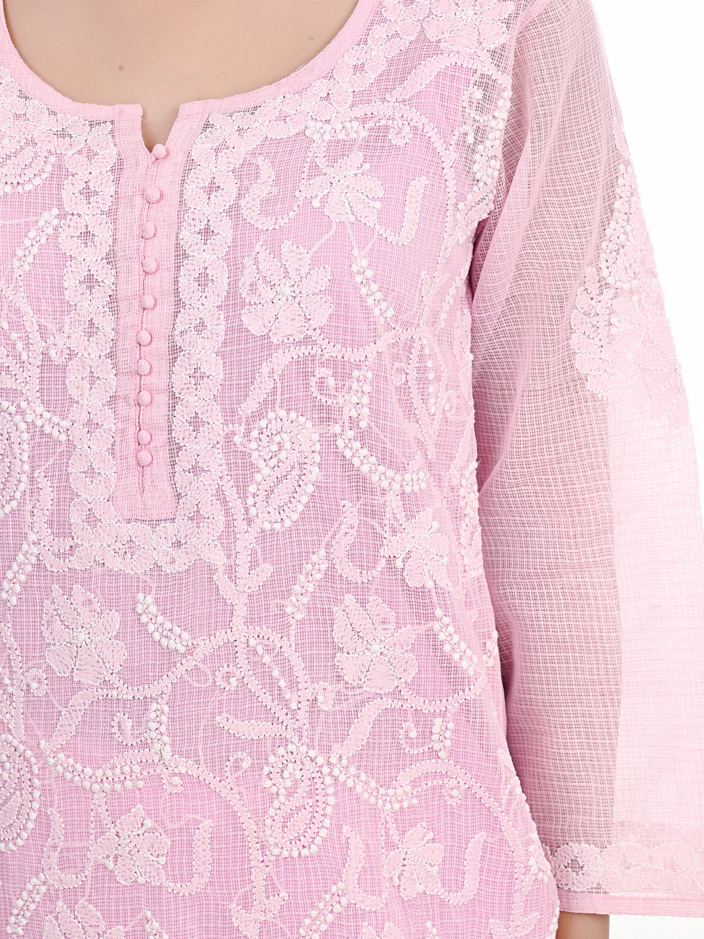 Almas Lifestyle Lucknowi Chikankari Kota Straight Kurti | Pink - Almas Lifestyle