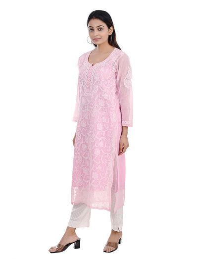 Almas Lifestyle Lucknowi Chikankari Kota Straight Kurti | Pink - Almas Lifestyle