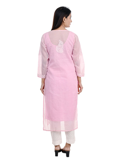 Almas Lifestyle Lucknowi Chikankari Kota Straight Kurti | Pink - Almas Lifestyle