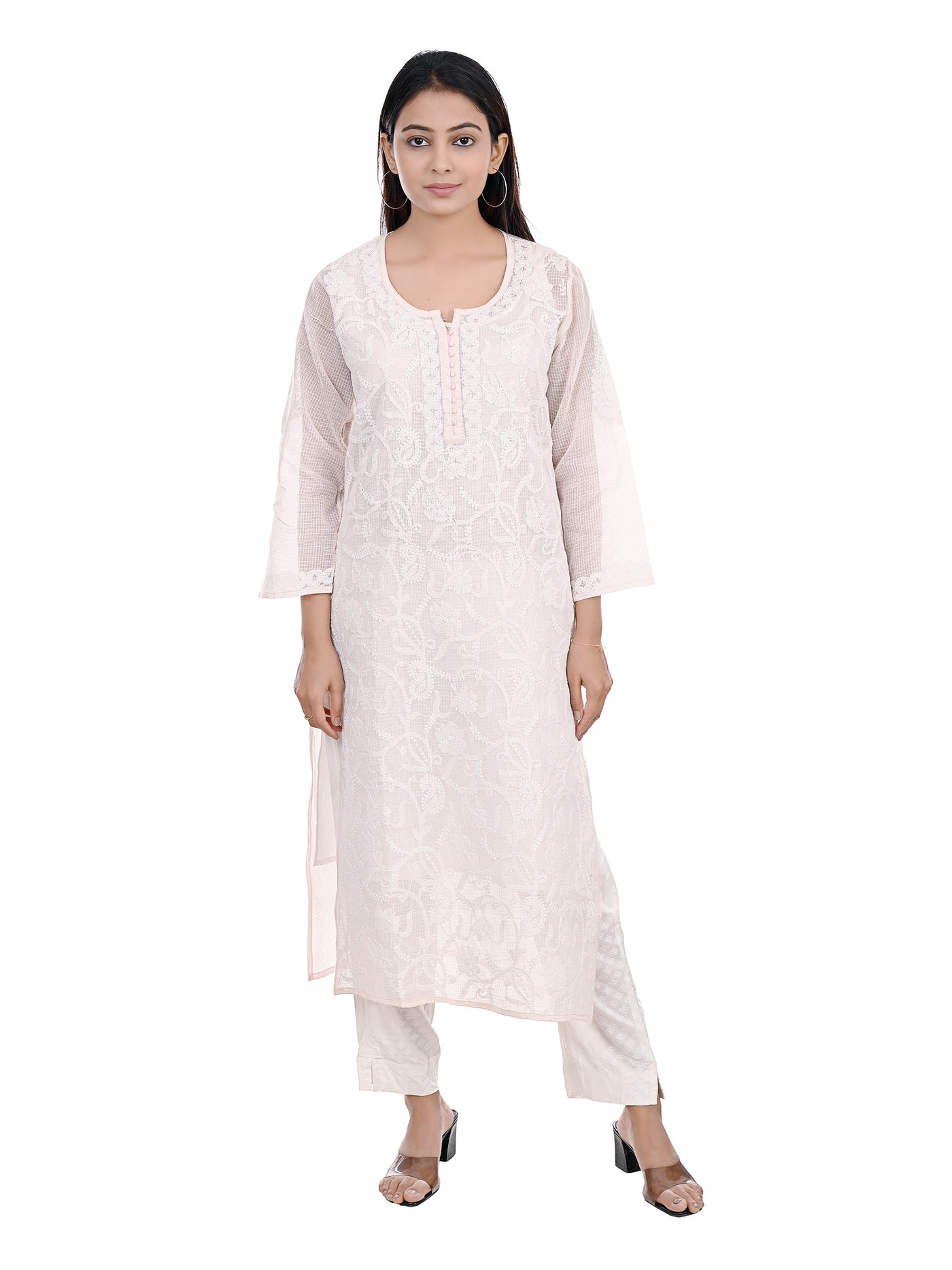 Almas Lifestyle Lucknowi Chikankari Kota Kurti | Light Pink - Almas Lifestyle