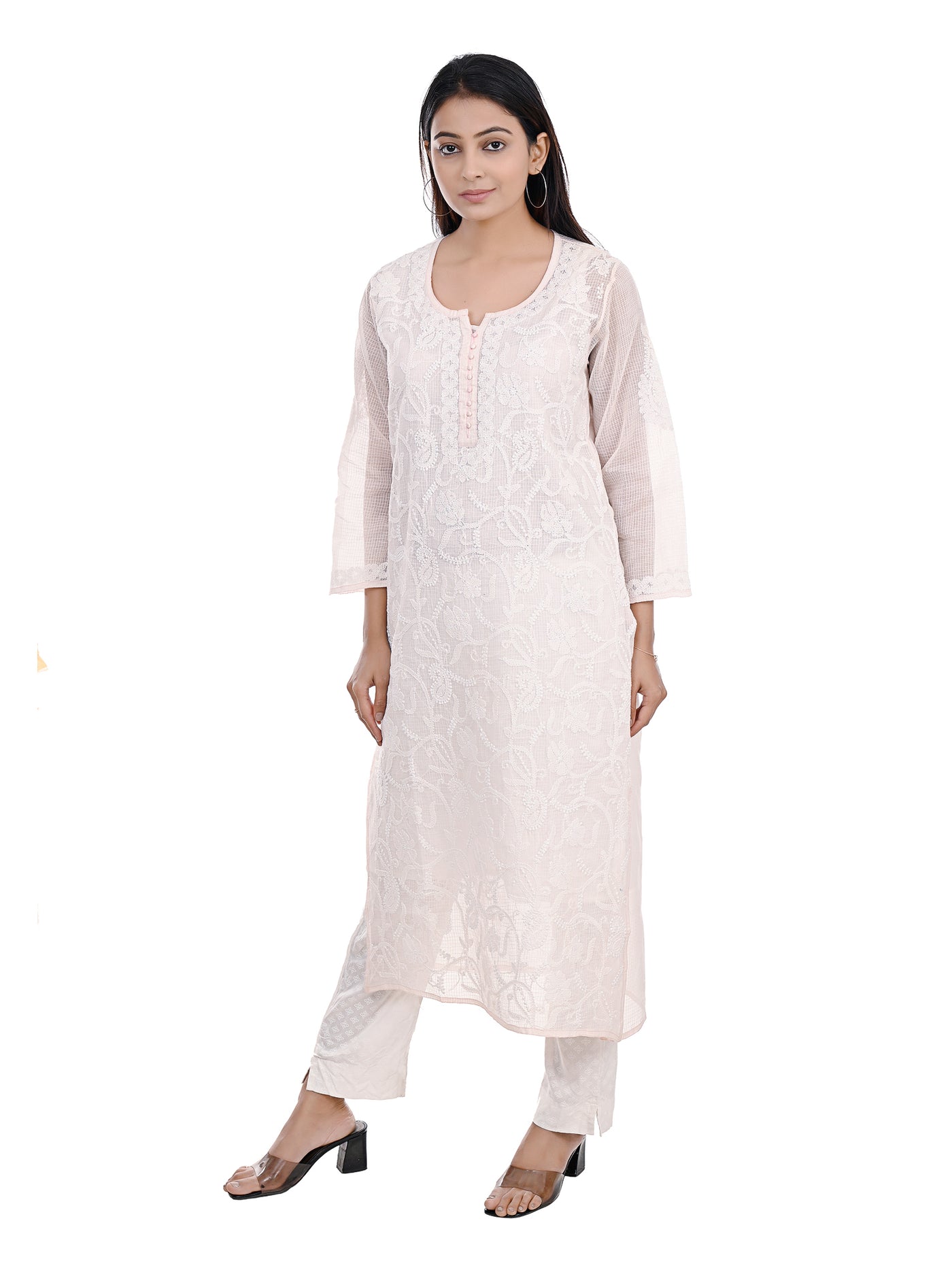 Almas Lifestyle Lucknowi Chikankari Kota Kurti | Light Pink - Almas Lifestyle