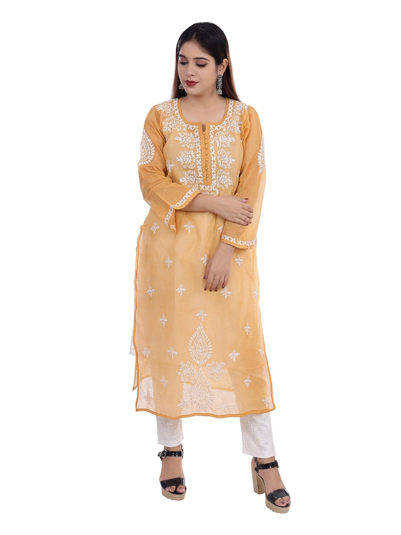 Almas Lifestyle Lucknowi Chikankari Kota Straight Fit Kurti | Golden - Almas Lifestyle