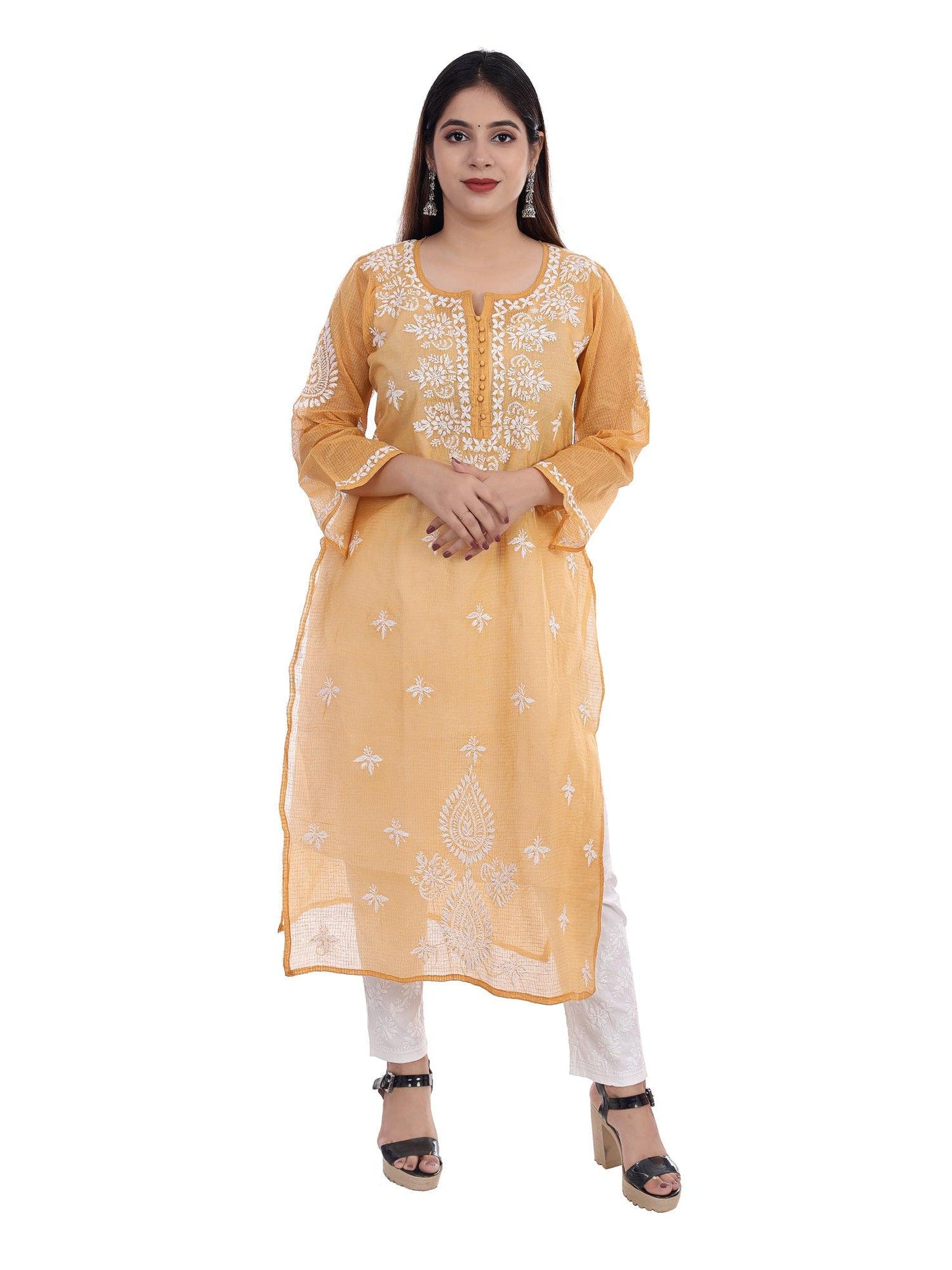 Almas Lifestyle Lucknowi Chikankari Kota Straight Fit Kurti | Golden - Almas Lifestyle