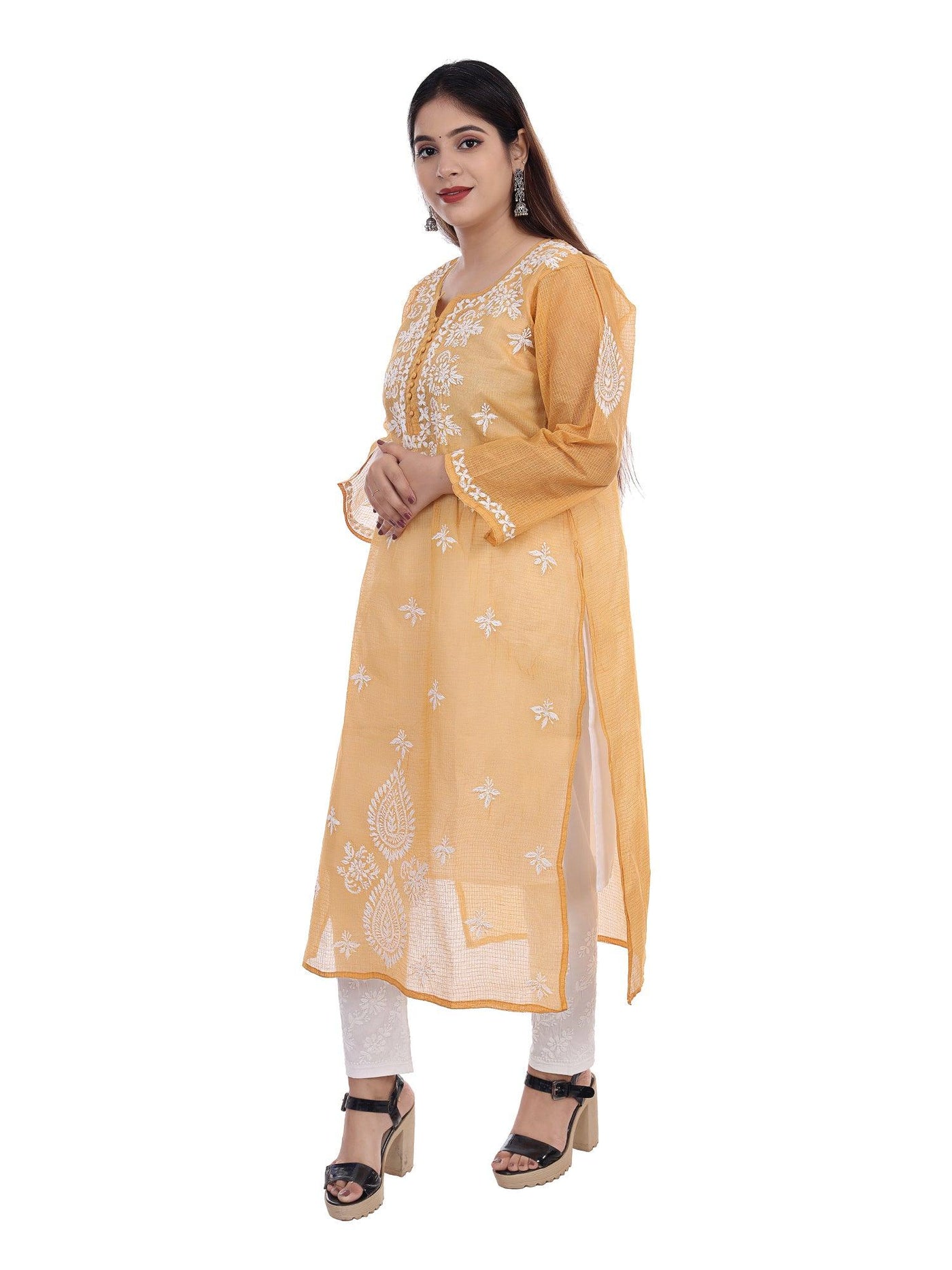 Almas Lifestyle Lucknowi Chikankari Kota Straight Fit Kurti | Golden - Almas Lifestyle