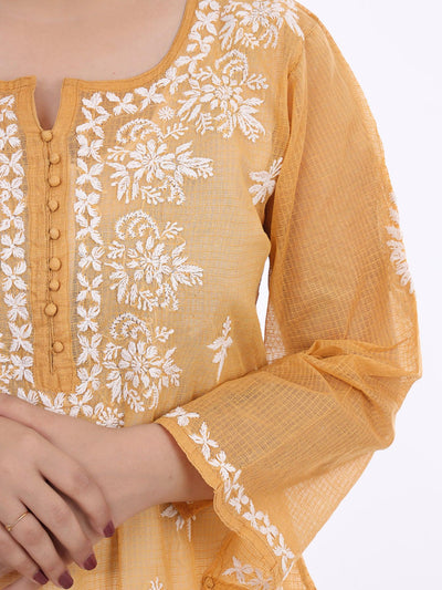 Almas Lifestyle Lucknowi Chikankari Kota Straight Fit Kurti | Golden - Almas Lifestyle