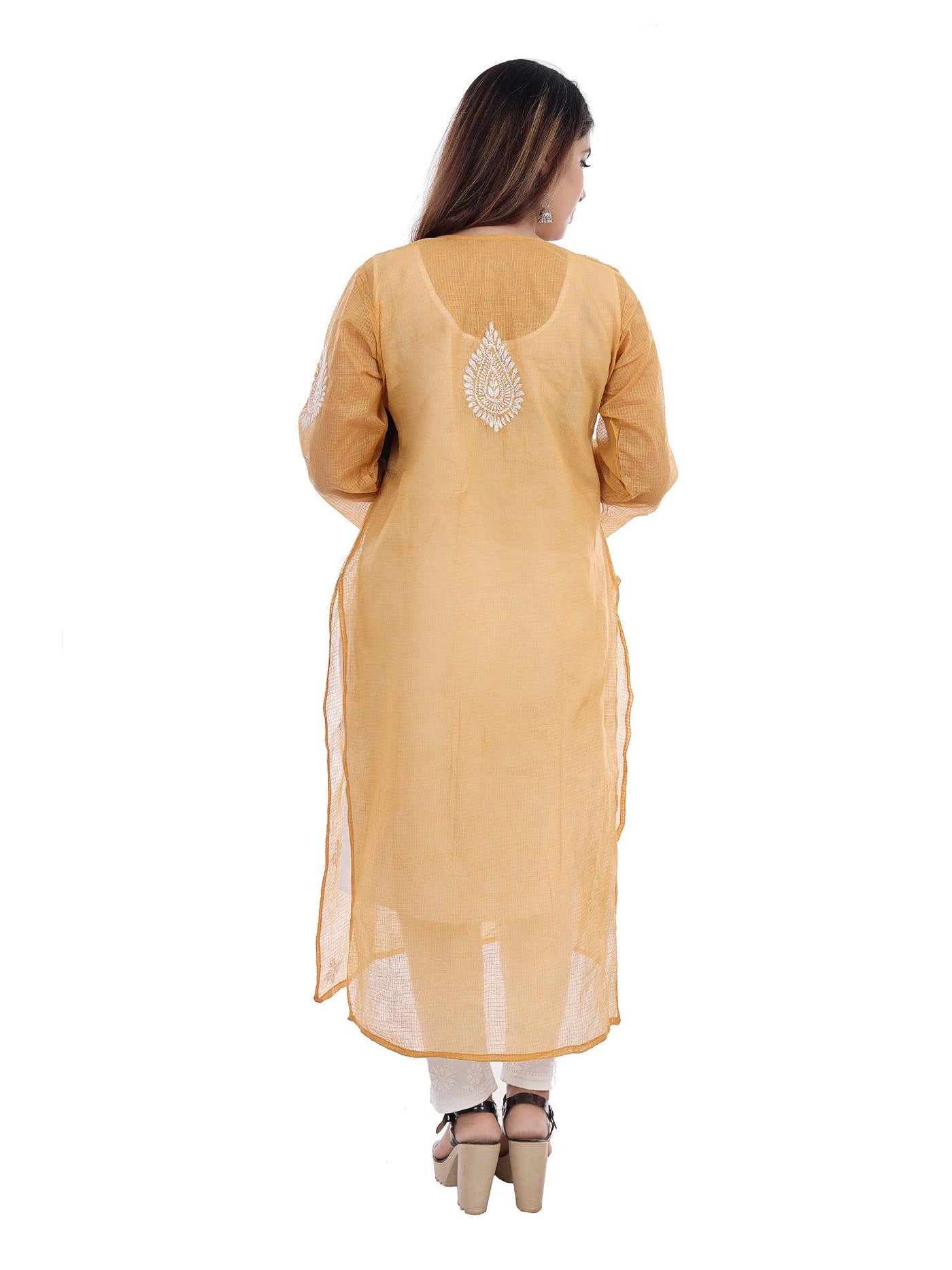 Almas Lifestyle Lucknowi Chikankari Kota Straight Fit Kurti | Golden - Almas Lifestyle