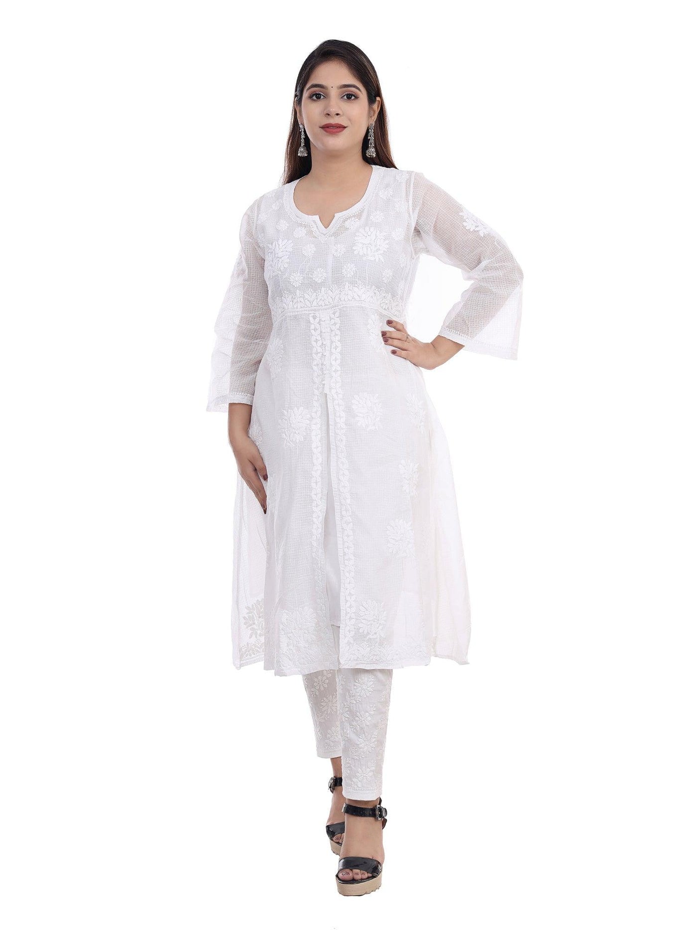 Almas Lifestyle Lucknowi Chikankari Kota A-Line Kurti | White - Almas Lifestyle