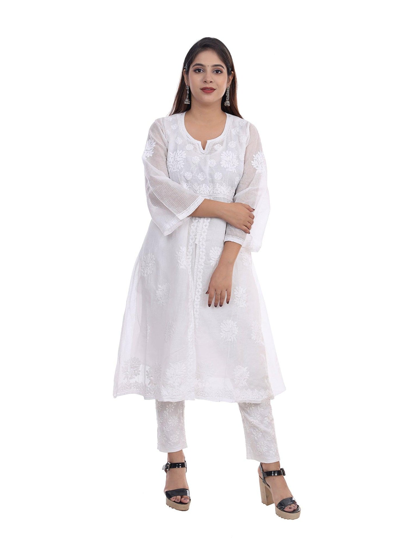 Almas Lifestyle Lucknowi Chikankari Kota A-Line Kurti | White - Almas Lifestyle