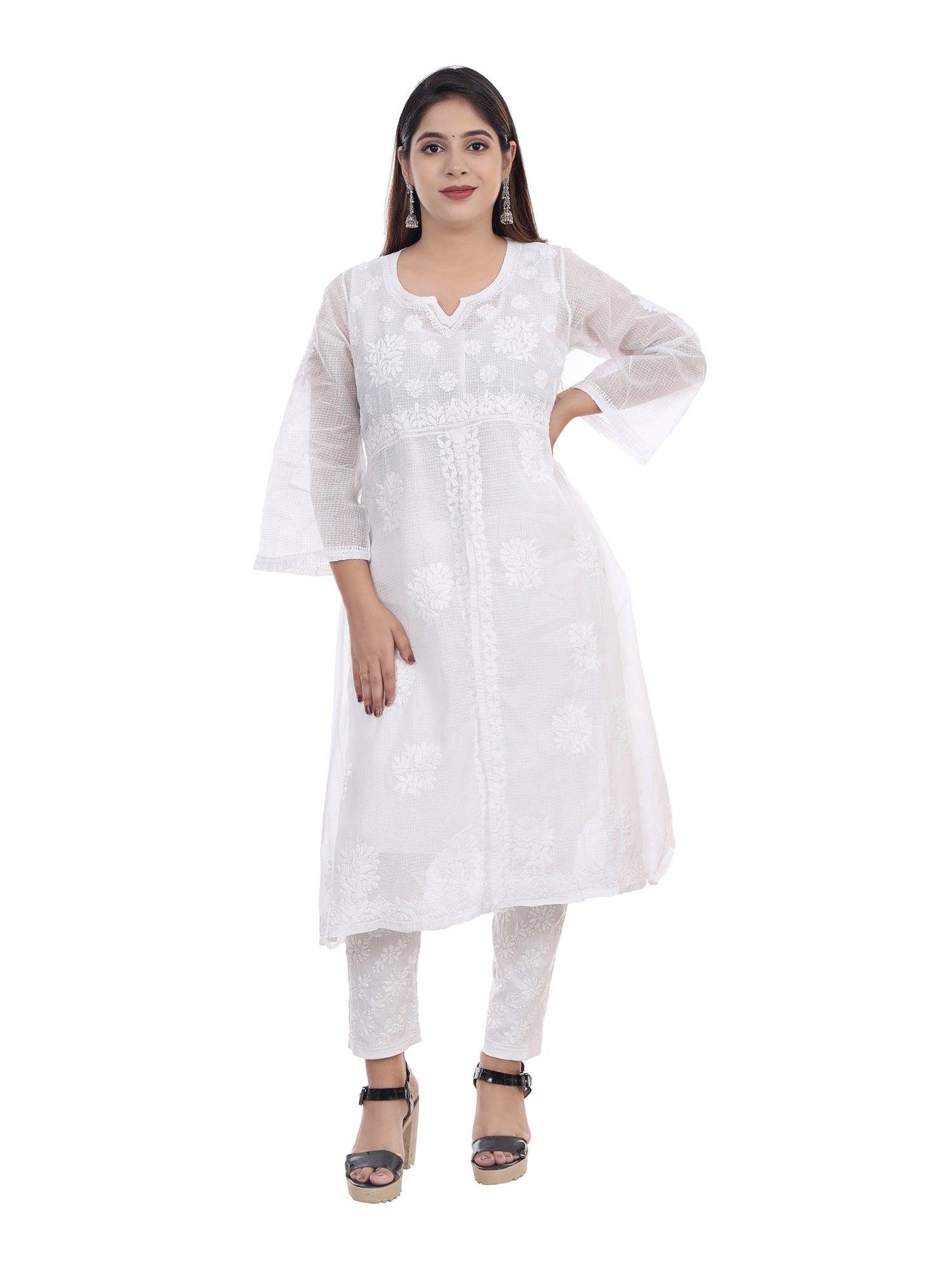 Almas Lifestyle Lucknowi Chikankari Kota A-Line Kurti | White - Almas Lifestyle