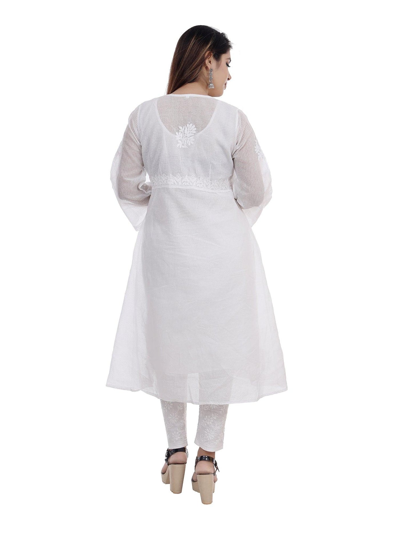 Almas Lifestyle Lucknowi Chikankari Kota A-Line Kurti | White - Almas Lifestyle