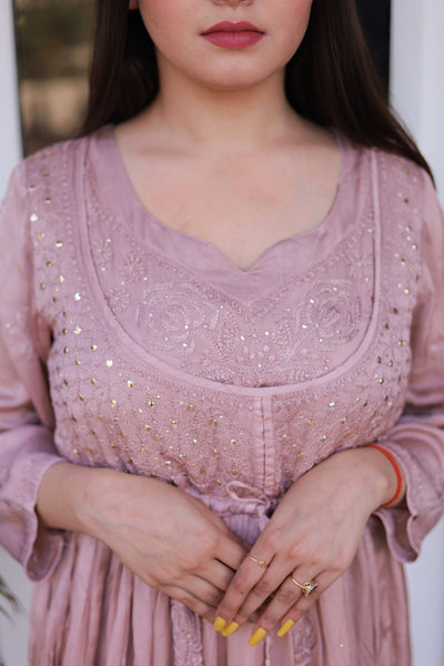 Lucknowi Chikankari Modal Satin Long Gown | Pink - Almas Lifestyle