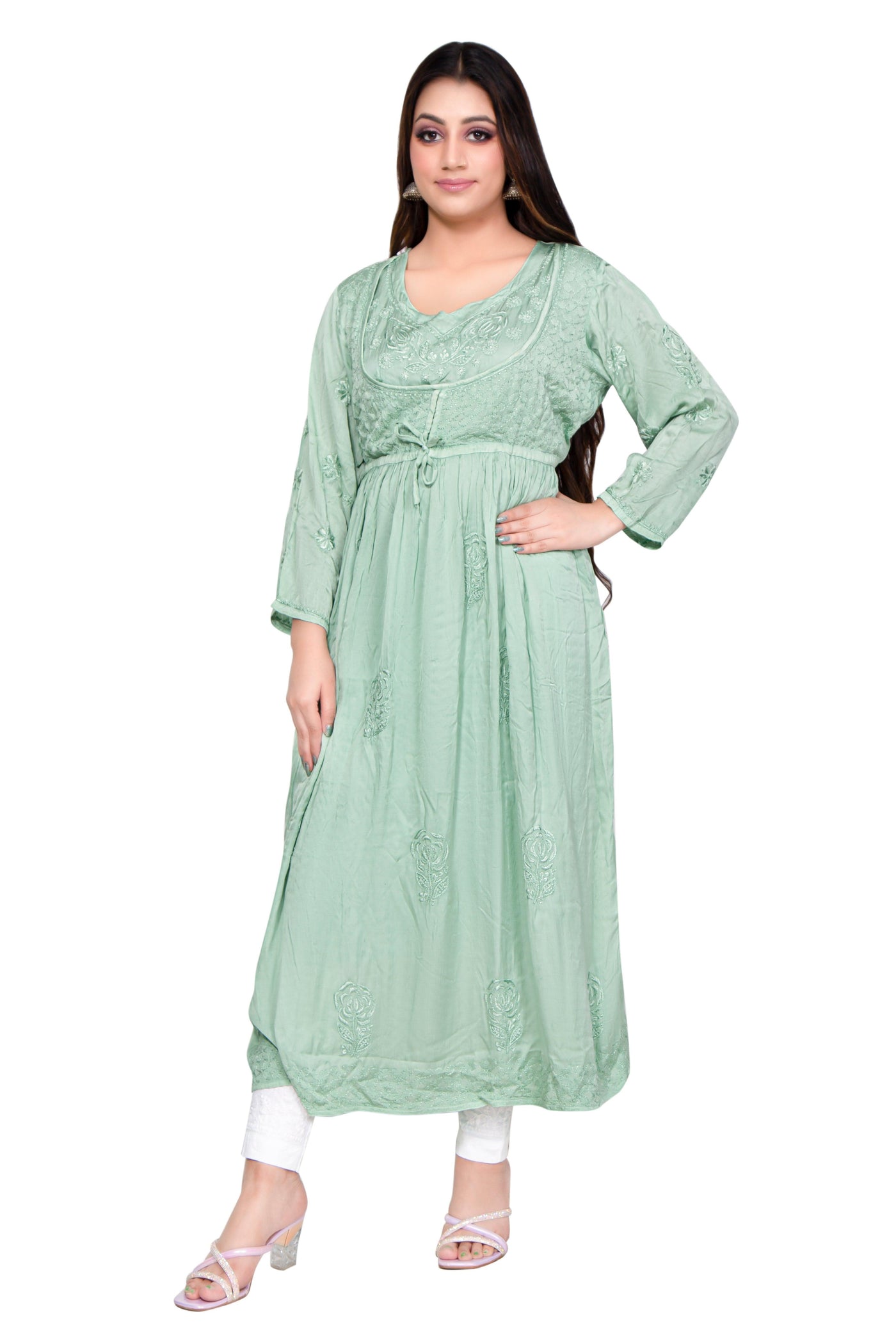 Almas Lifestyle Lucknowi Chikankari Green Modal Koti Style Long Gown - Almas Lifestyle